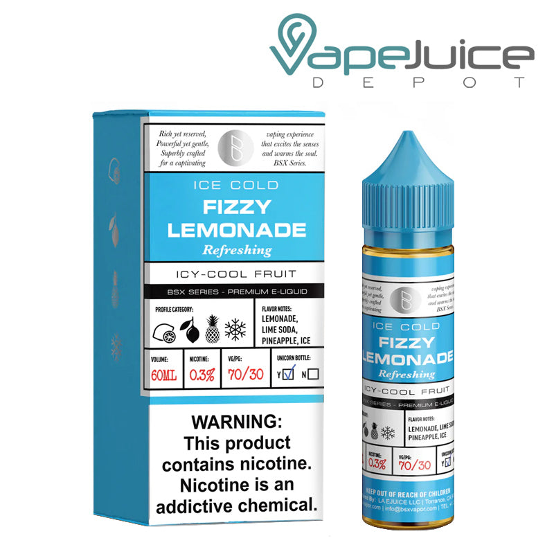 A box of Fizzy Lemonade Glas Basix Series with a warning sign and a 60ml bottle next to it - Vape Juice Depot