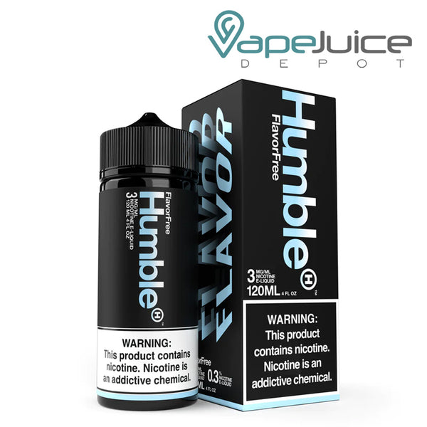 A 120ml bottle of Flavor Free TFN Humble eLiquid and a box with a warning sign next to it - Vape Juice Depot