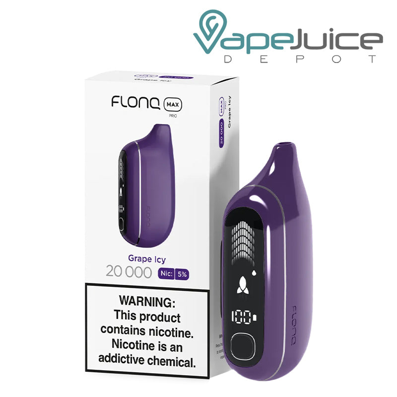 A Box of Grape Icy Flonq Max Pro 20000 Disposable with a warning sign and a disposable with HD screen next to it - Vape Juice Depot