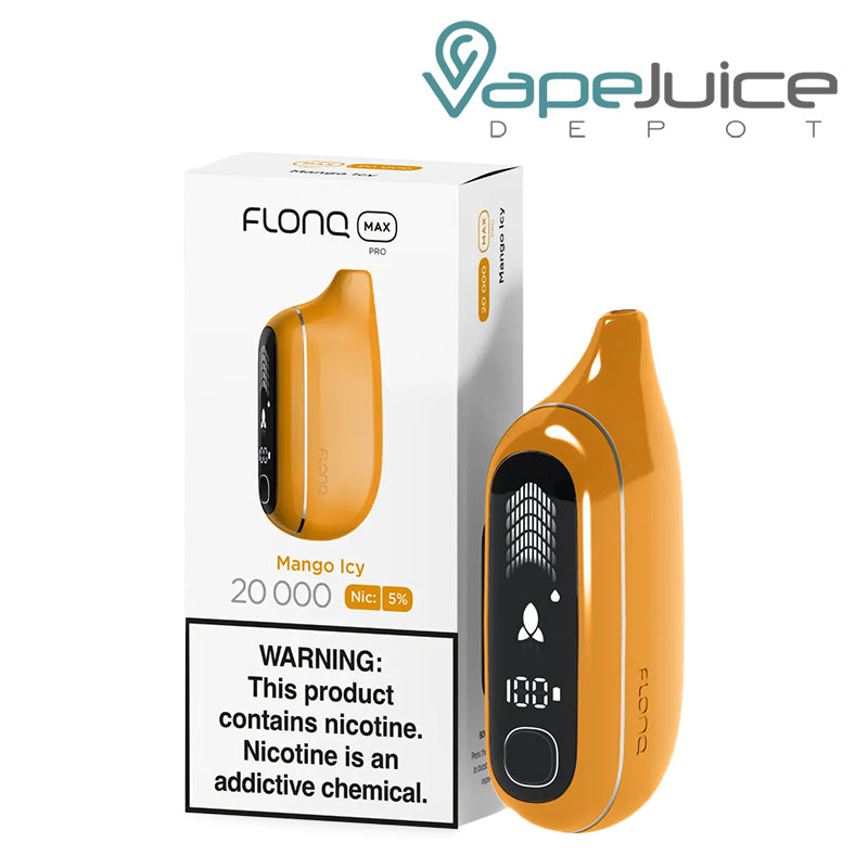 A Box of Mango Icy Flonq Max Pro 20000 Disposable with a warning sign and a disposable with HD screen next to it - Vape Juice Depot