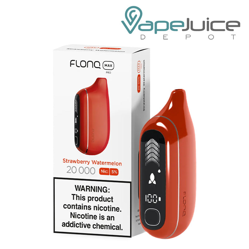 A Box of Strawberry Watermelon Flonq Max Pro 20000 Disposable with a warning sign and a disposable with HD screen next to it - Vape Juice Depot