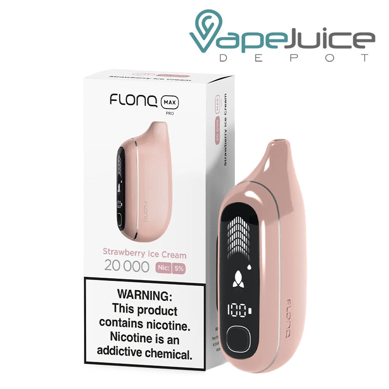 A Box of Strawberry Ice Cream Flonq Max Pro 20000 Disposable with a warning sign and a disposable with HD screen next to it - Vape Juice Depot