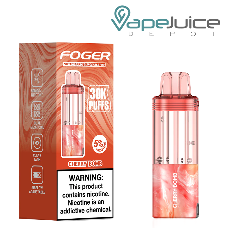A Box of Foger Switch Pro Refill Disposable Pod with a warning sign and a device next to it - Vape Juice Depot