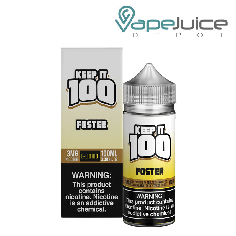 A box of Foster Keep it 100 TFN eLiquid with a warning sign and a 100ml bottle next to it - Vape Juice Depot