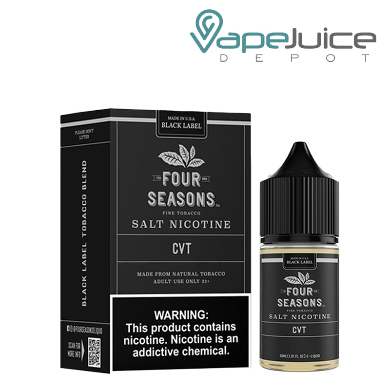 A Box of CVT Salt Black Label Four Seasons with a warning sign and a 30ml bottle next to it - Vape Juice Depot