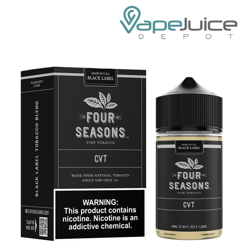 A Box of CVT Black Label Four Seasons with a warning sign and a 60ml bottle next to it - Vape Juice Depot