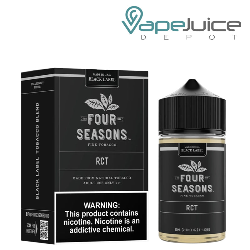 A Box of RCT Black Label Four Seasons with a warning sign and a 60ml bottle next to it - Vape Juice Depot