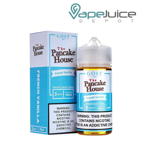 A box of The Pancake French Vanilla and a 100ml unicorn bottle with a warning sign next to it - Vape Juice Depot