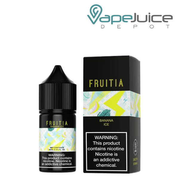A 30ml bottle of Banana Ice Salt Fruitia Fresh Farms with a warning sign and a box next to it - Vape Juice Depot