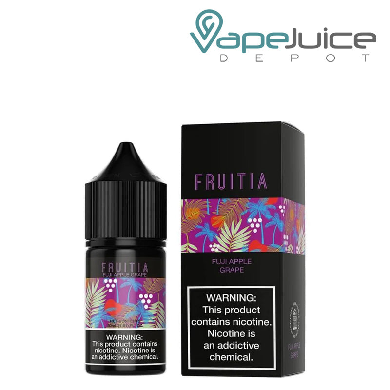 A 30ml bottle of Fuji Apple Grape Salts Fruitia Fresh Farms with a warning sign and a box next to it - Vape Juice Depot