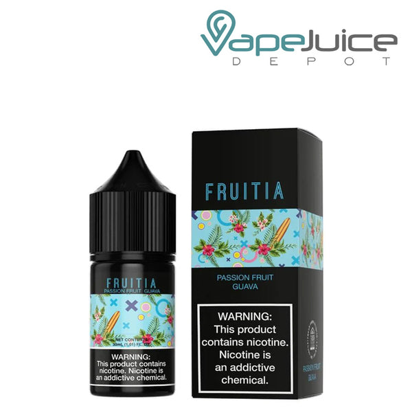 A 30ml bottle of Passion Fruit Guava Salt Fruitia Fresh Farms with a warning sign and a box next to it - Vape Juice Depot