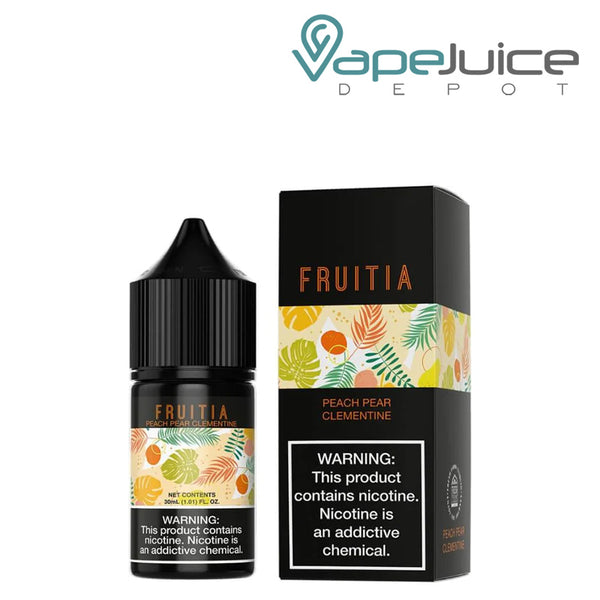 A 30ml bottle of Peach Pear Clementine Salts Fruitia Fresh Farms with a warning sign and a box next to it - Vape Juice Depot