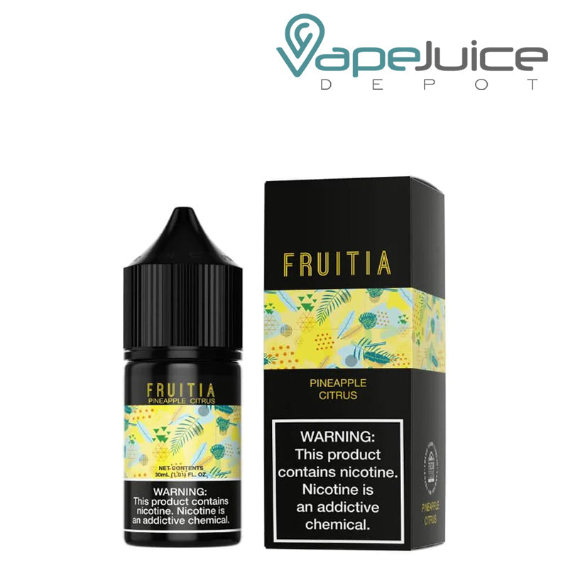 A 30ml bottle of Pineapple Citrus Salt Fruitia Fresh Farms with a warning sign and a box next to it - Vape Juice Depot