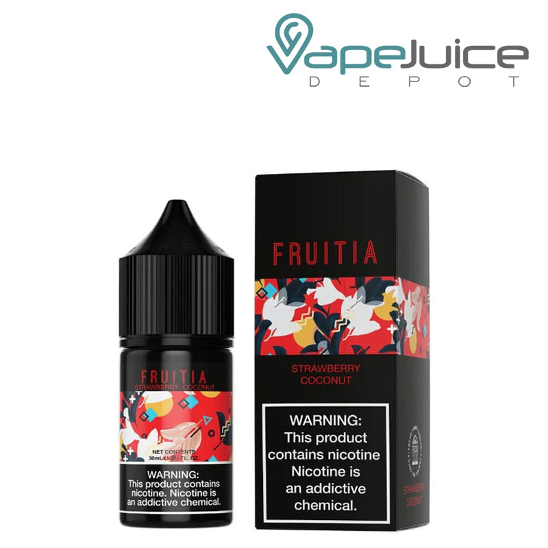 A 30ml bottle of Strawberry Coconut Salt Fruitia Fresh Farms with a warning sign and a box next to it - Vape Juice Depot