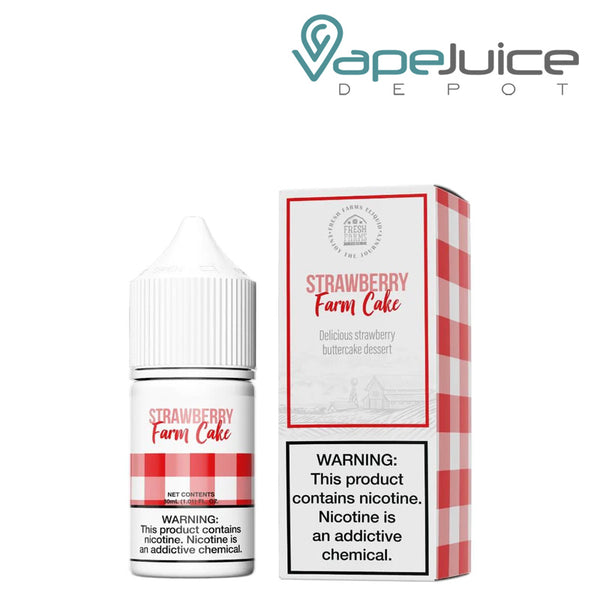 A 30ml bottle of Strawberry Farm Cake Salt Fresh Farms with a warning sign and a box next to it - Vape Juice Depot