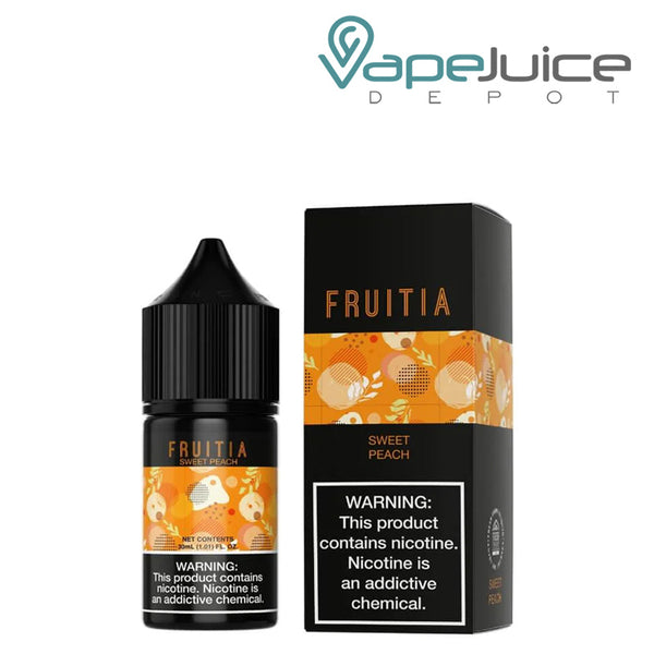 A 30ml bottle of Sweet Peach Salt Fruitia Fresh Farms with a warning sign and a box next to it - Vape Juice Depot