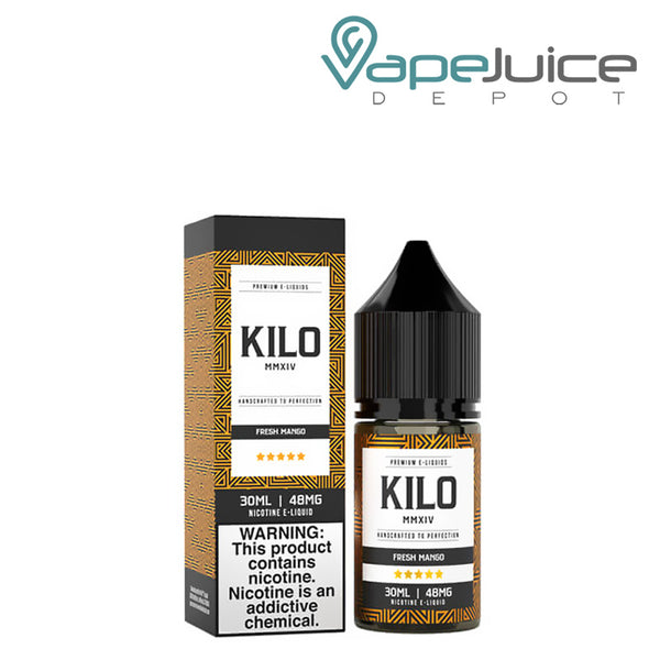 A box of Fresh Mango Salts Kilo eLiquid with a warning sign and a 30ml bottle next to it - Vape Juice Depot