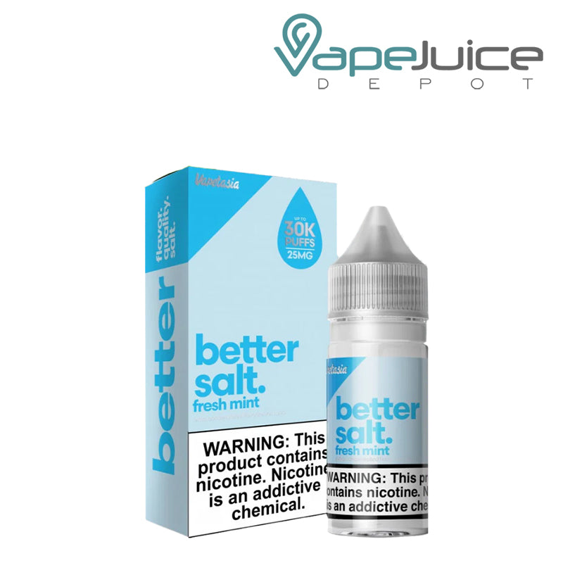 A box of Fresh Mint Vapetasia Better Salt and a 30ml bottle with a warning sign next to it - Vape Juice Depot