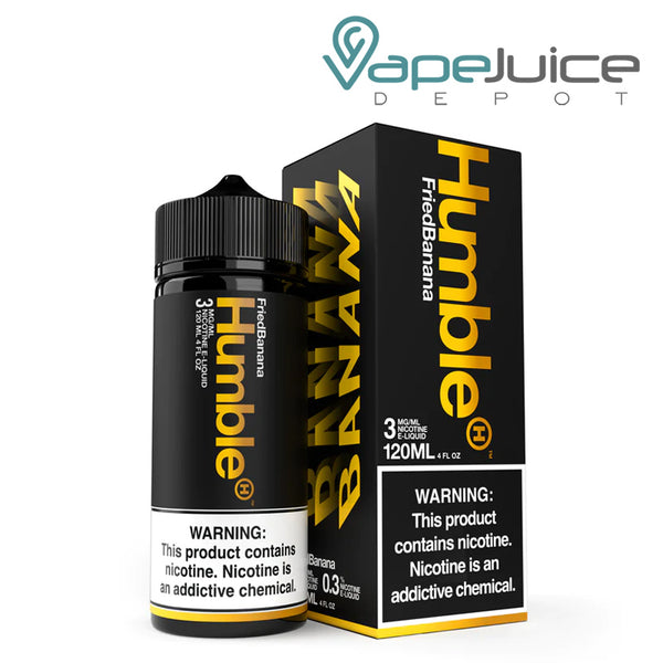 A 120ml bottle of Fried Banana TFN Humble eLiquid and a box with a warning sign next to it - Vape Juice Depot