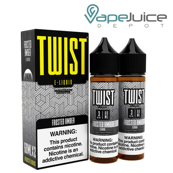 A box of Frosted Amber Twist 3mg E-Liquid with a warning sign and two 60ml bottles next to it - Vape Juice Depot