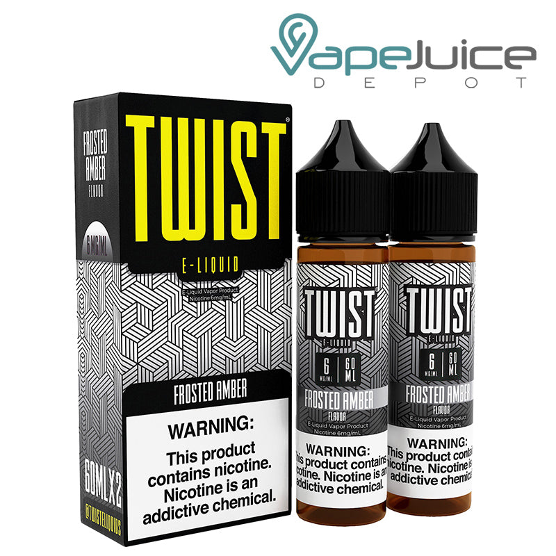 A box of Frosted Amber Twist 6mg E-Liquid with a warning sign and two 60ml bottles next to it - Vape Juice Depot
