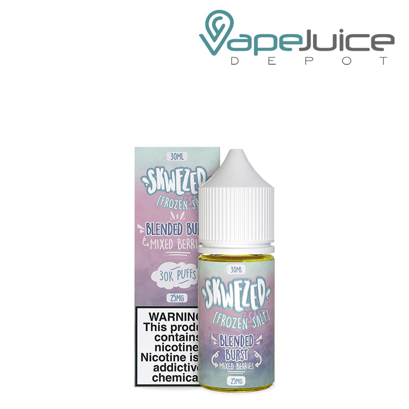 A Box of Frozen Blended Burst Skwezed Salt with a warning sign next to its 30ml bottle - Vape Juice Depot