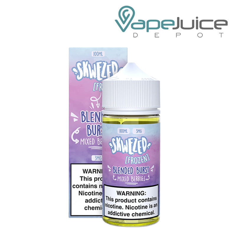 A Bottle of Frozen Blended Burst Skwezed eLiquid with a warning sign next to its 100ml Bottle - Vape Juice Depot