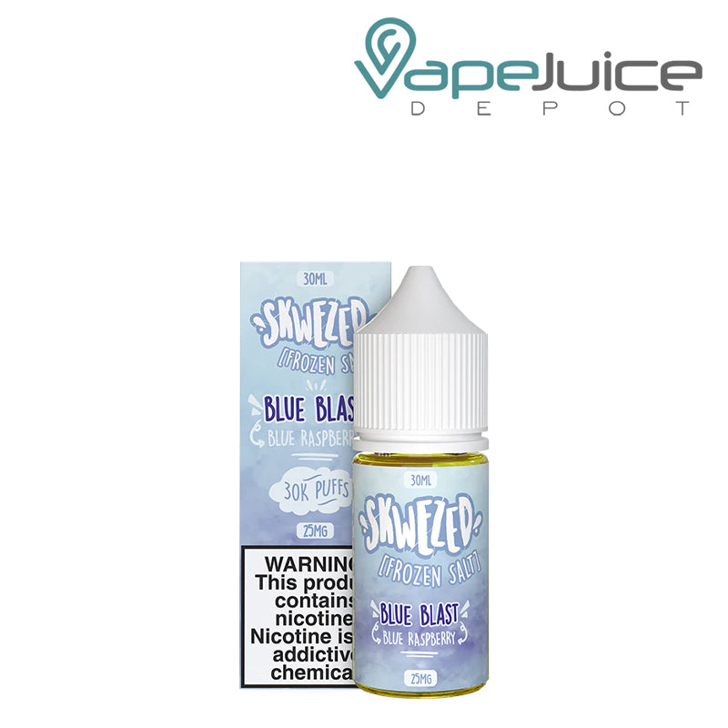 A Box of  Frozen Blue Blast Skwezed Salt with a warning sign next to its 30ml bottle - Vape Juice Depot