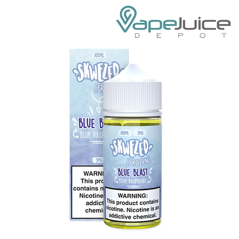 A Box of Frozen Blue Blast Skwezed eLiquid with a warning sign next to its 100ml bottle - Vape Juice Depot