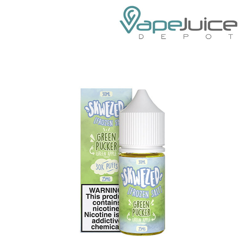 A box of Skwezed Ice SaltGreen Pucker eLiquid with a warning sign and a 30ml bottle next to it - Vape Juice Depot