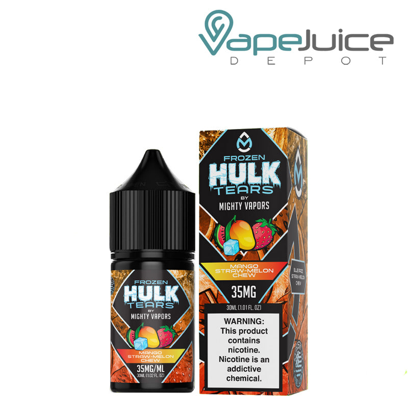 A 30ml Bottle of Frozen Mango Straw Melon Chew Hulk Tears Salts next to its box with a warning sign - Vape Juice Depot