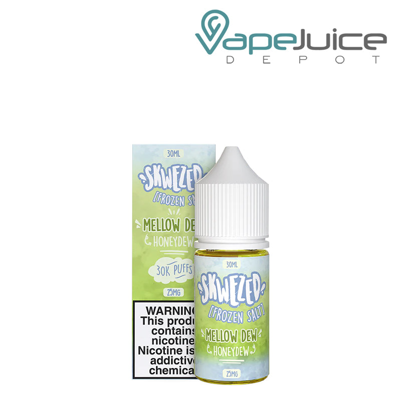 A Box of Frozen Mellow Dew Skwezed eLiquid with a warning sign next to 30ml bottle - Vape Juice Depot