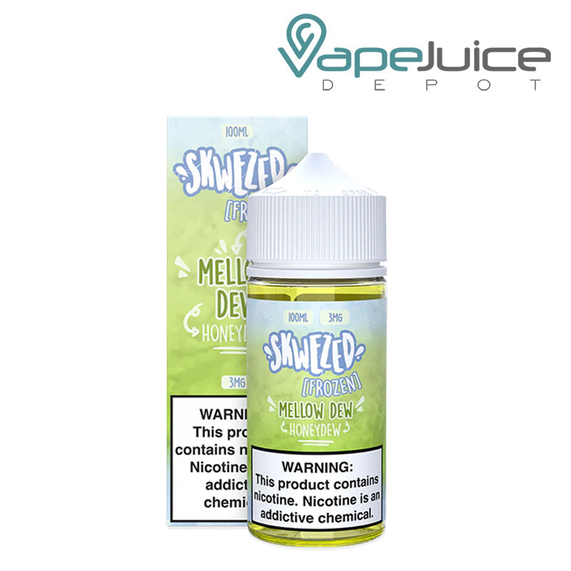 A Box of Frozen Mellow Dew Skwezed eLiquid with a warning sign next to its  100ml bottle - Vape Juice Depot