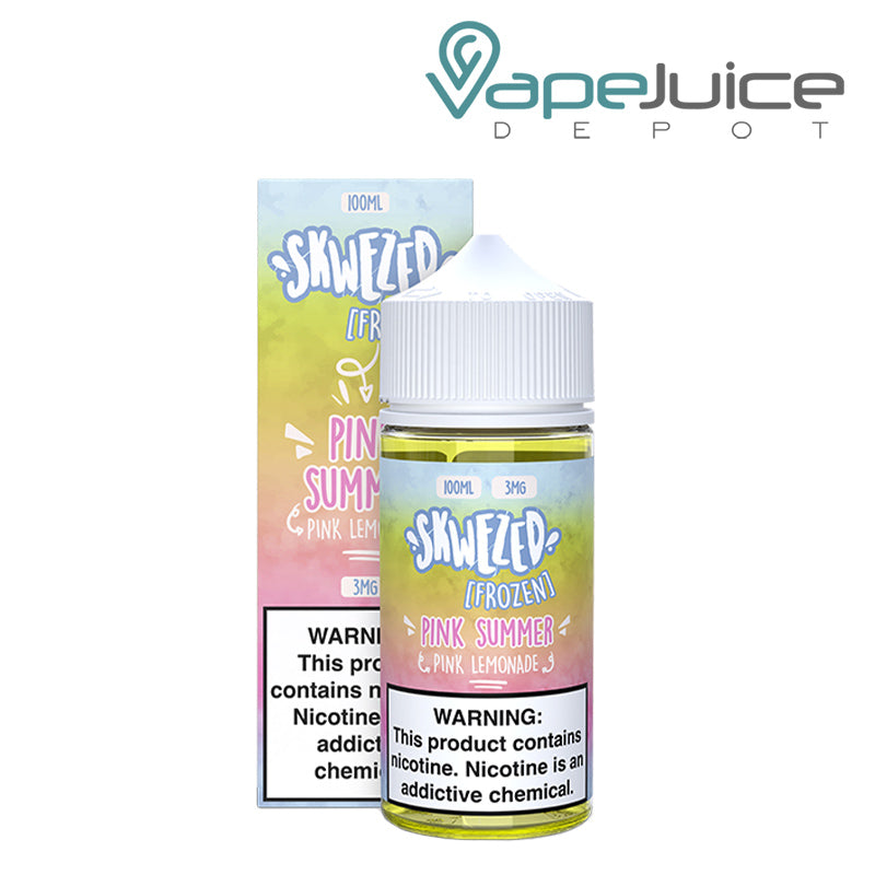 A Box of Frozen Pink Summer Skwezed eLiquid with a warning sign next to its 100ml bottle - Vape Juice Depot