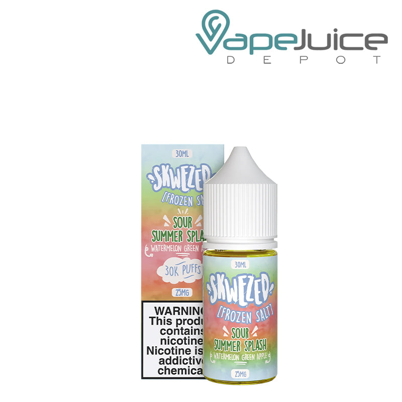 A Box of Frozen Sour Summer Splash Skwezed Salt with a warning sign and a 30ml bottle next to it - Vape Juice Depot