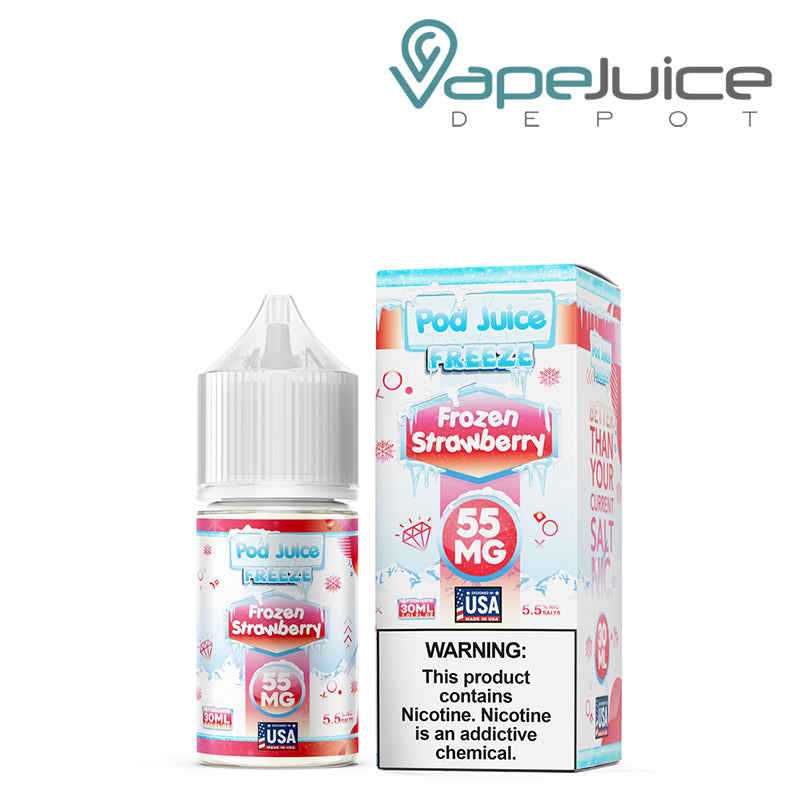 A 30ml bottle of Frozen Strawberry Freeze Pod Juice TFN Salt and a box with a warning sign next to it - Vape Juice Depot