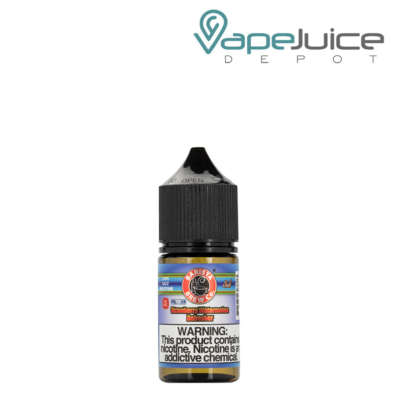 A 30ml bottle of Frozen Strawberry Watermelon Salts Barista Brew Co with a warning sign - Vape Juice Depot