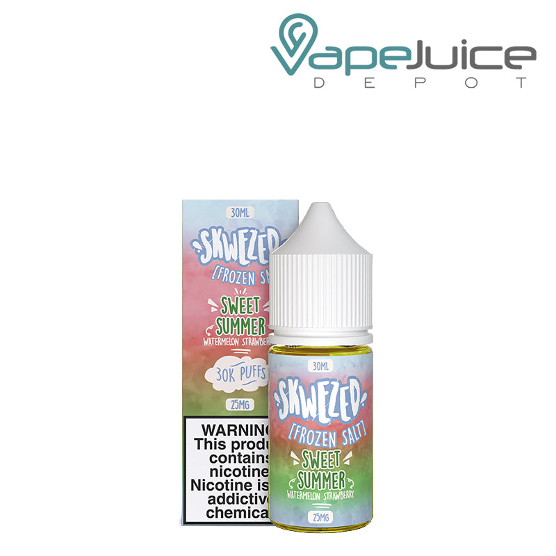 A box of Frozen Sweet Summer Skwezed Salt with a warning sign and a 30ml bottle next to it - Vape Juice Depot