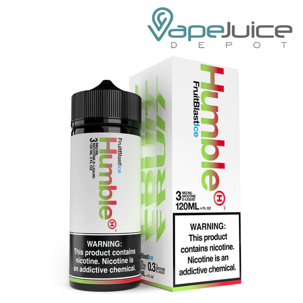 A 120ml bottle of Fruit Punch Ice TFN Humble eLiquid and a box with a warning sign next to it - Vape Juice Depot