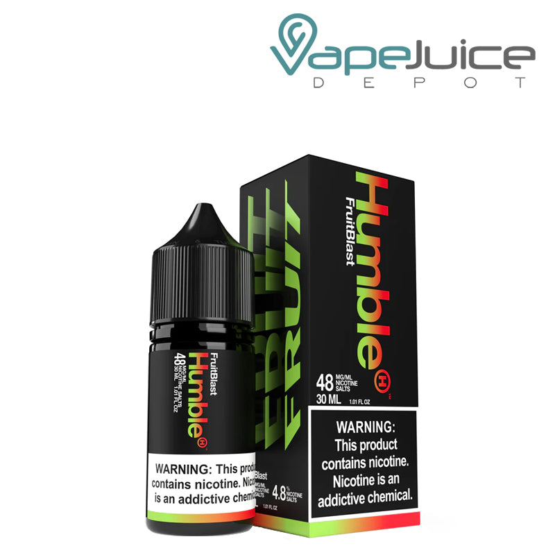 A 30ml bottle of Fruit Blast (Fruit Punch) TFN Salts Humble with a warning sign and a box next to it - Vape Juice Depot
