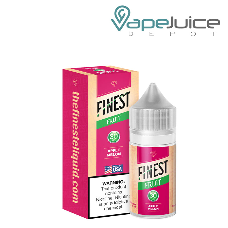 A Box of Apple Melon The Finest Salt Nic with a warning sign and a 30ml 30mg bottle next to it - Vape Juice Depot