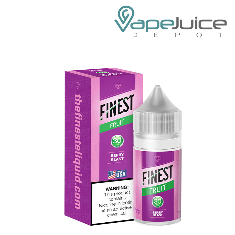 A box of Berry Blast Finest SaltNic Series with a warning sign and a 30ml 30mg bottle next to it - Vape Juice Depot