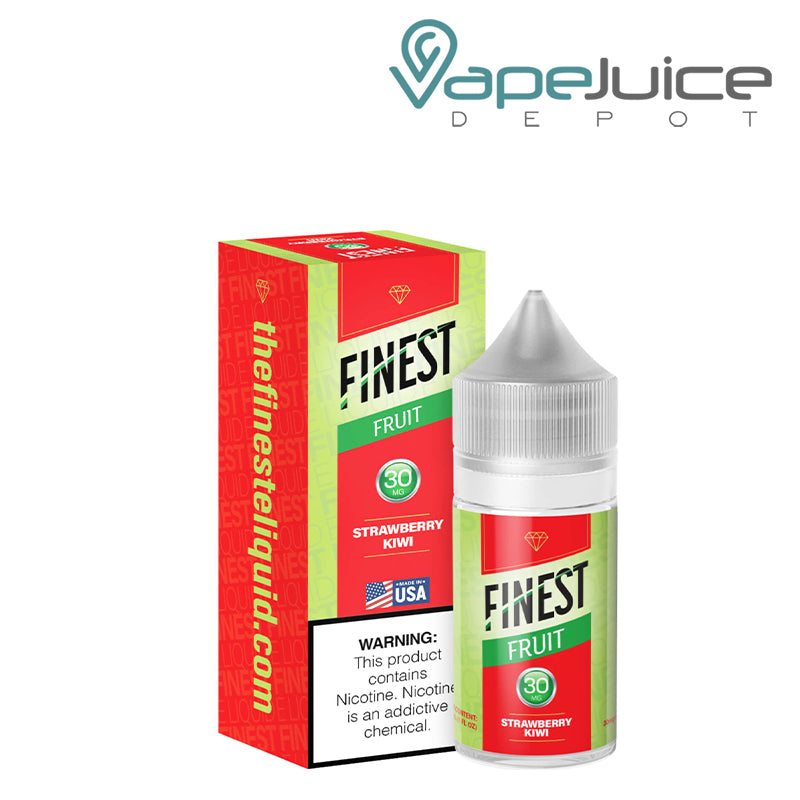 A Box of Strawberry Kiwi The Finest Salt Nic with a warning sign and a 30ml 30mg bottle next to it - Vape Juice Depot