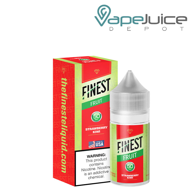 A Box of Strawberry Kiwi The Finest Salt Nic with a warning sign and a 30ml 50mg bottle next to it - Vape Juice Depot