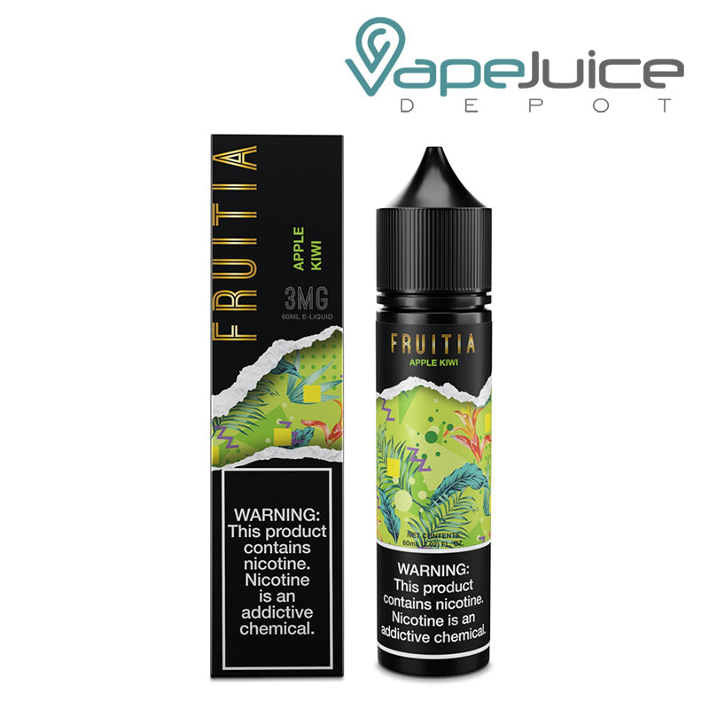 A Box of Apple Kiwi Fruitia Fresh Farms with a warning sign and a 60ml bottle next to it - Vape Juice Depot