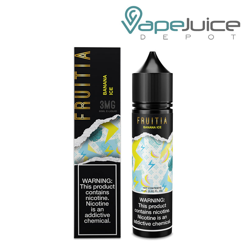 A Box of Banana Ice Fruitia Fresh Farms with a warning sign and a 60ml bottle next to it - Vape Juice Depot