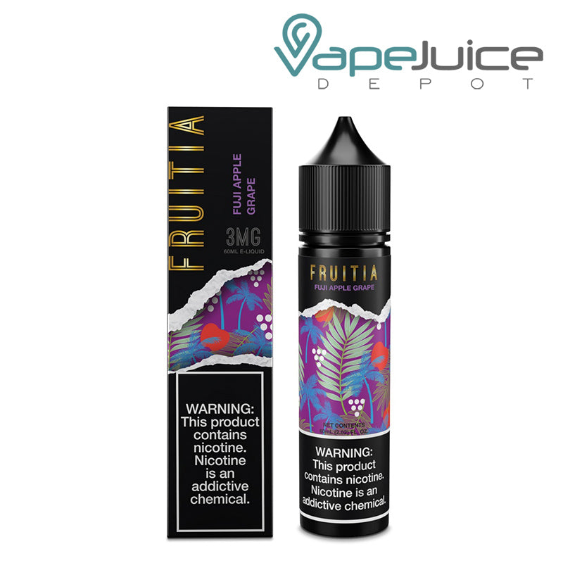 A Box of Fuji Apple Grape Fruitia Fresh Farms with a warning sign and a 60ml bottle next to it - Vape Juice Depot