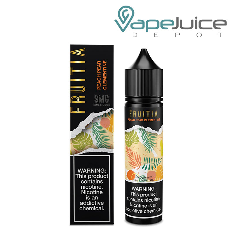 A Box of Peach Pear Clementine Fruitia Fresh Farms with a warning sign and a 60ml bottle next to it - Vape Juice Depot