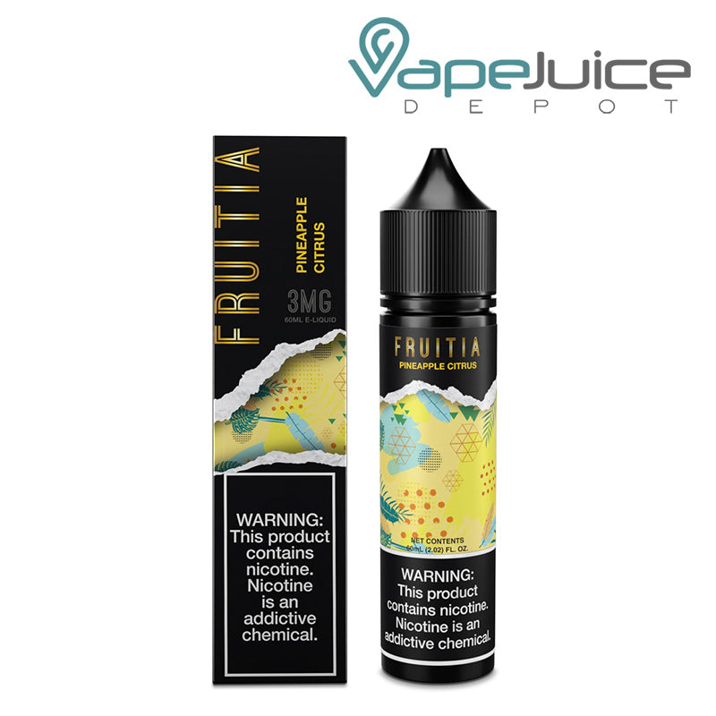 A Box of Pineapple Citrus Fruitia Fresh Farms with a warning sign and a 60ml bottle next to it - Vape Juice Depot