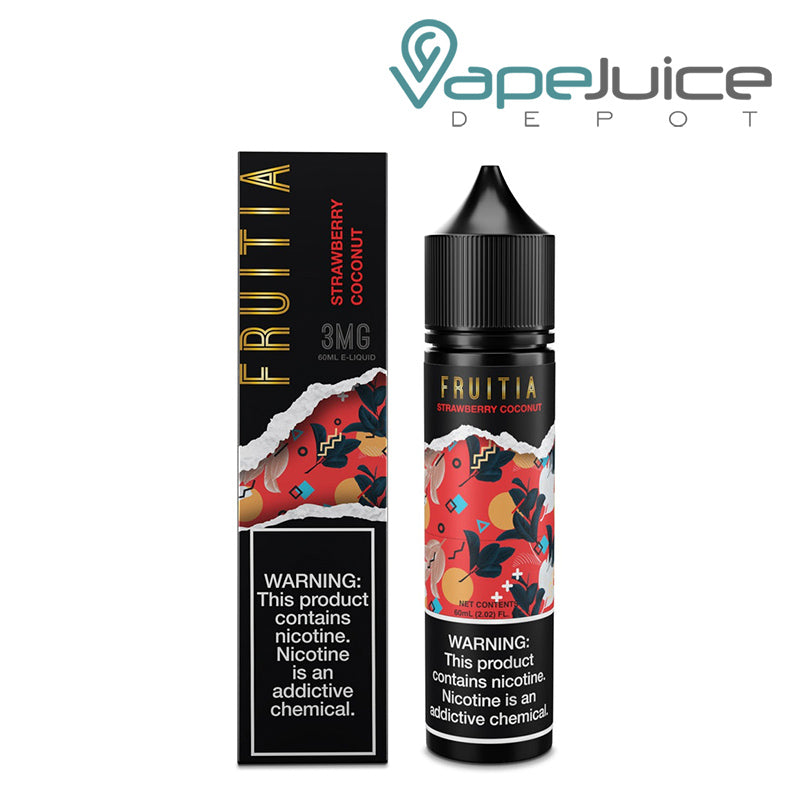 A Box of Strawberry Coconut Fruitia Fresh Farms with a warning sign and a 60ml bottle next to it - Vape Juice Depot